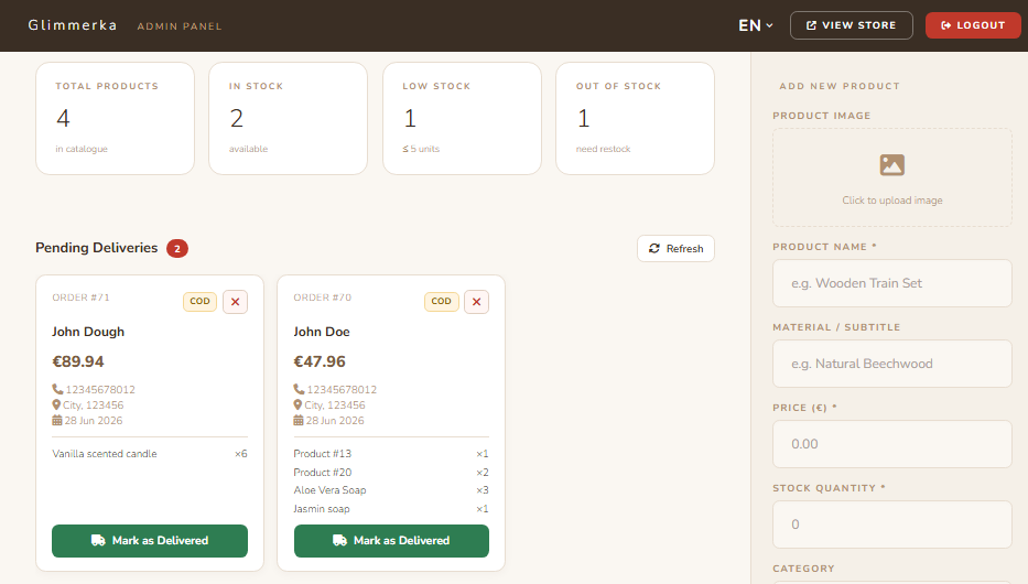 Glimmerka admin panel interface